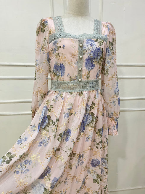 Floral Print Lacey Border Elegant Square Neck Long Sleeves Sundress